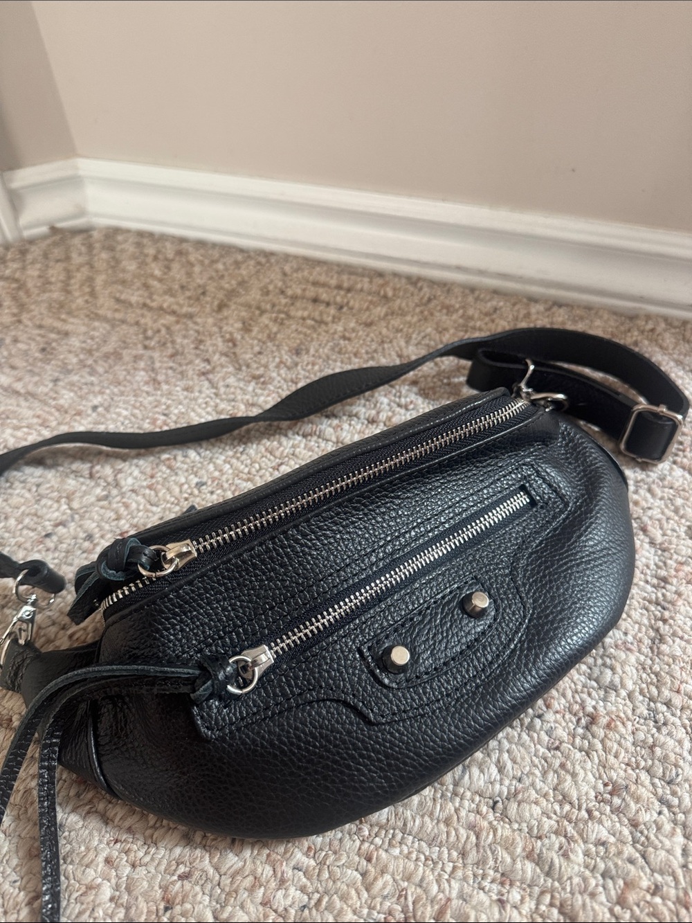 Black Leather Crossbody Waist Bag NWOT